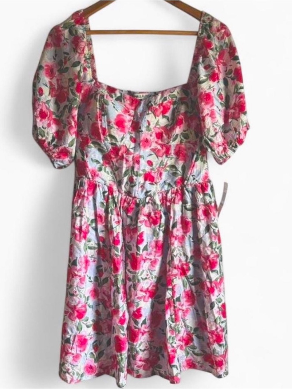 NWT Floral Cottagecore Babydoll Dress Puff Sleeve Rose Print Smocked Back